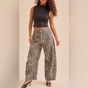 Zara Animal Print Leopard Barrel Wide-Leg Pants 6